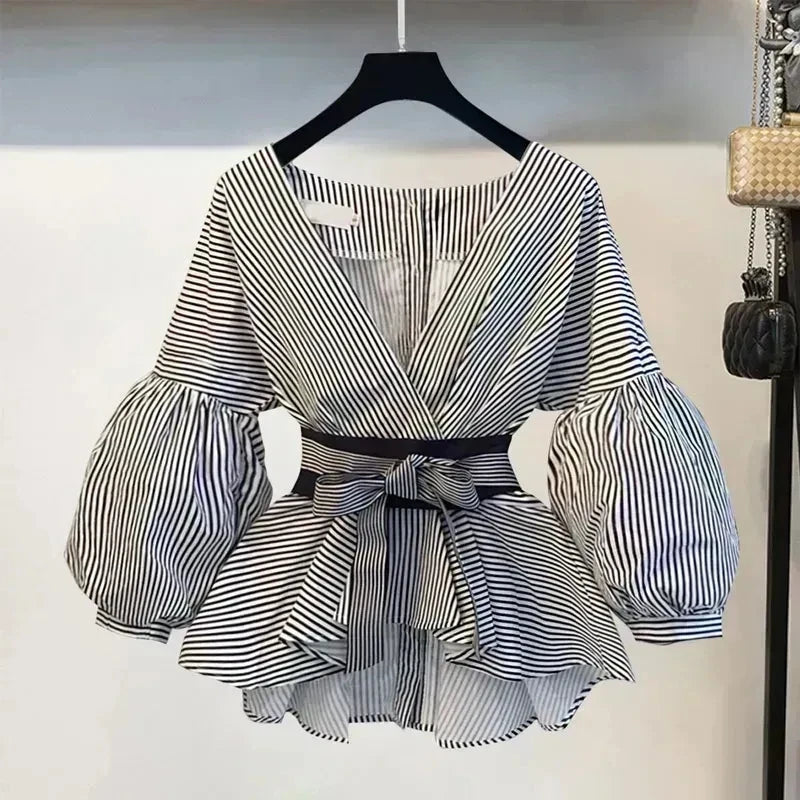 Women Elegant V-Neck Stripe Lantern Sleeve Bow Belt Trend Slim Chiffon Shirt Top And Korean Ripped Jeans Office Lady Casual Suit