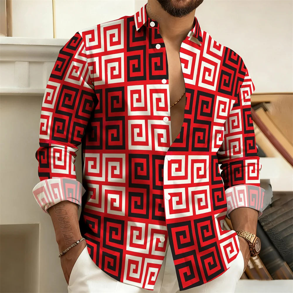 2026 New Men's Long-Sleeved Polo Shirt, Vintage Print Style with Greek Key Pattern, Elegant, Comfortable, and Stylish Men's Top