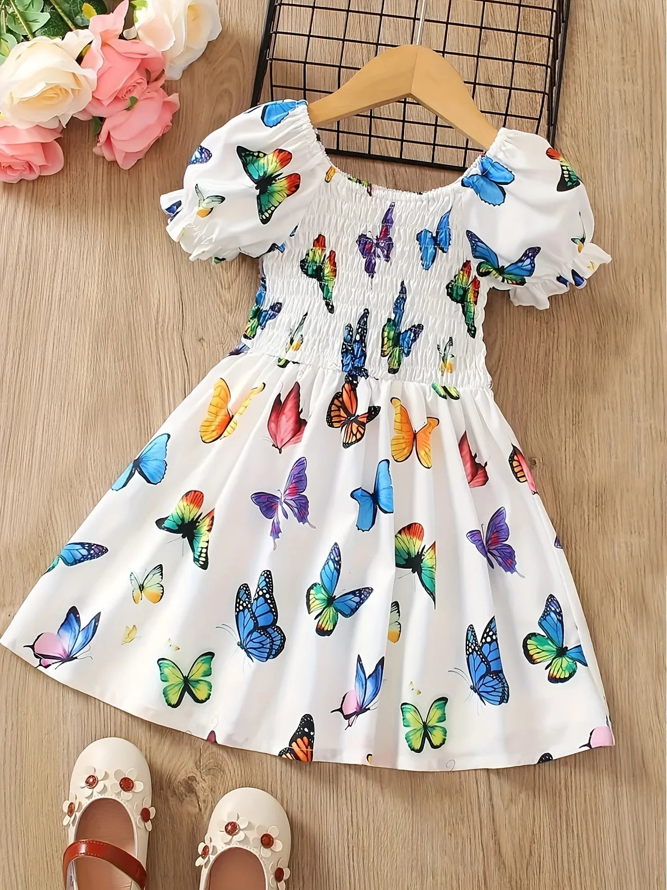 Children's Clothing Girls' Vibrant Butterfly Full Print Dress Suitable for 1-8 Years Old Children's Summer Wear White Colorful Butterfly Skirt