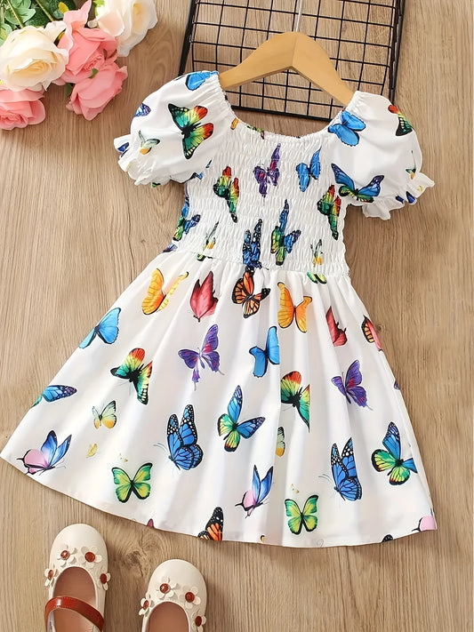 Children's Clothing Girls' Vibrant Butterfly Full Print Dress Suitable for 1-8 Years Old Children's Summer Wear White Colorful Butterfly Skirt