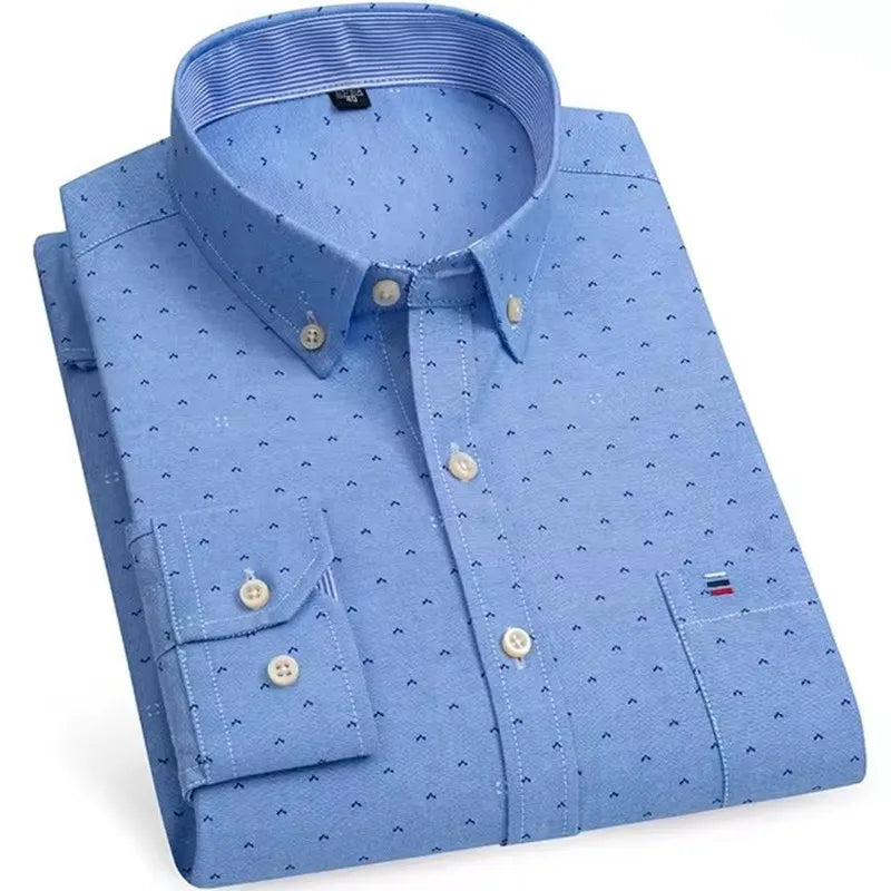 Men's Versatile Casual Checkered Oxford Cotton Shirts Single Pocket Long Sleeve Standard-fit Button Down Gingham Striped 7XL 6XL