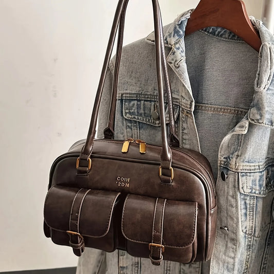 Women Multi-Pocket Tote Shoulder Bag with Golden-Tone Hardware & Letter, Stylish Handbag Purse for Travel, Work, Shopping, Dates