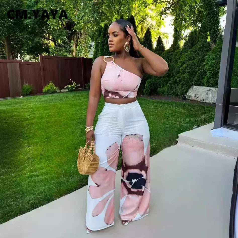 Women Set Floral Print Sleeveless Skew Collar Tops +Wide Leg Pants Two 2 Piece Set Outfit