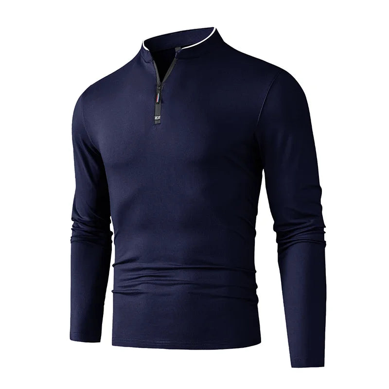 2025 New Men's Casual Fashion Zipper Solid Color Long Sleeved Polo Shirt Stand Up Collar Versatile Comfortable Top