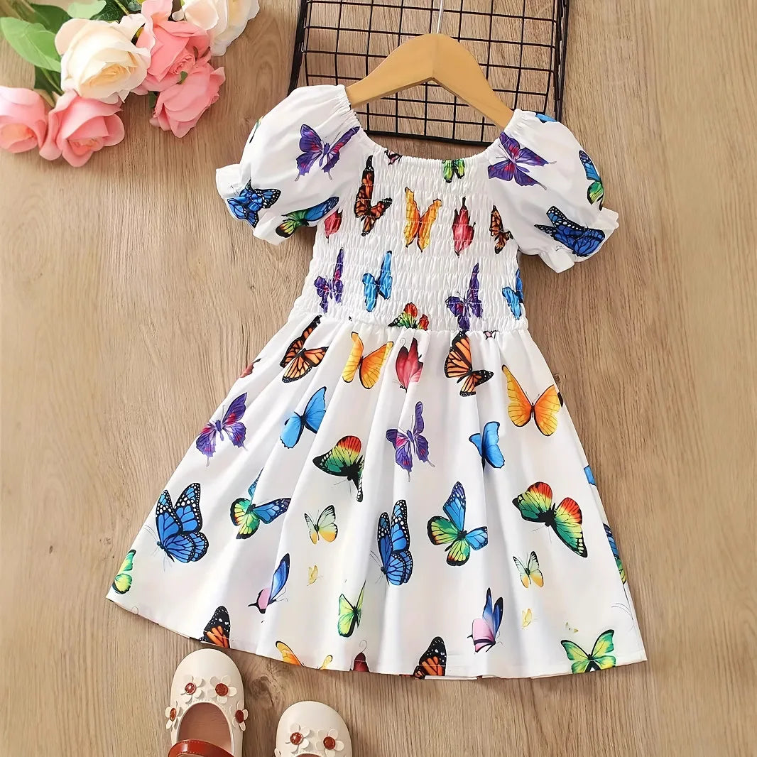 Children's Clothing Girls' Vibrant Butterfly Full Print Dress Suitable for 1-8 Years Old Children's Summer Wear White Colorful Butterfly Skirt