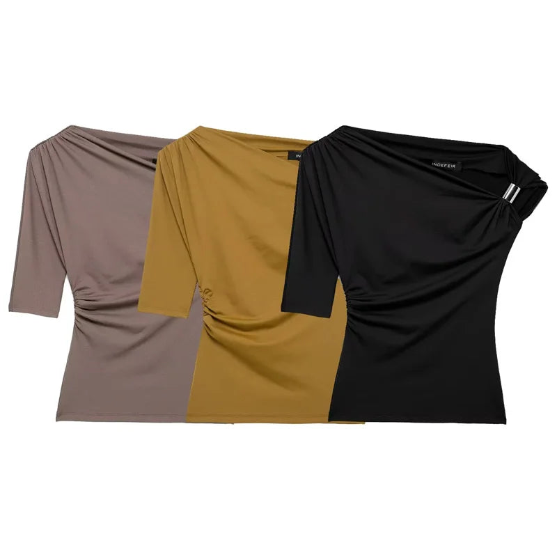 Top Summer Tight Plain T-Shirts Stylish Short Sleeve Black Blouse