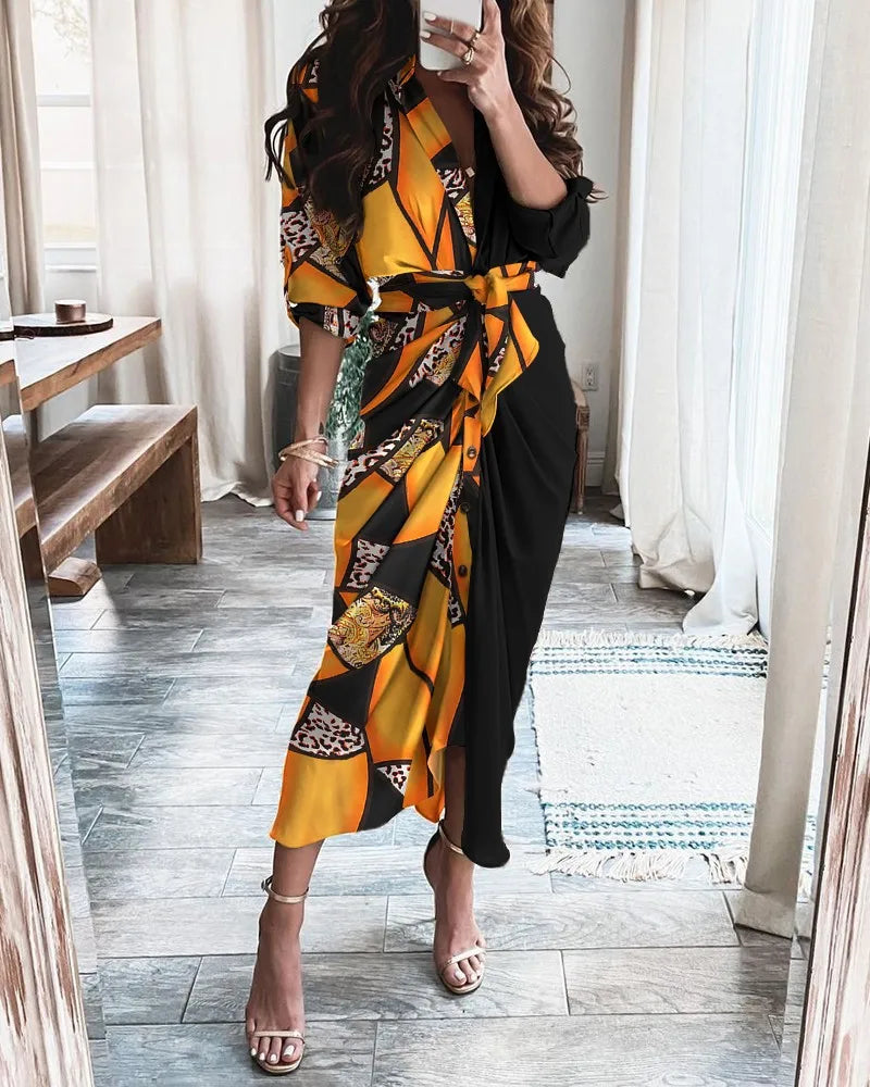 Elegant slim temperament V-neck tie stitching long-sleeved shirt dress long skirt women