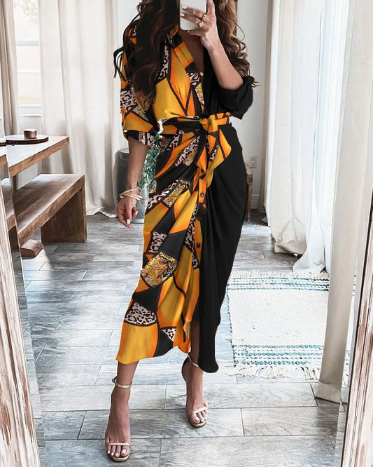 Elegant slim temperament V-neck tie stitching long-sleeved shirt dress long skirt women