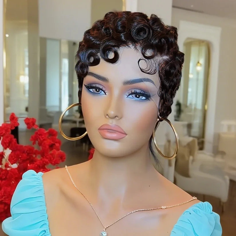 13x4 Lace Front Human Hair Wig for Women Short Layered Pixie Cut with Bangs Natural Black Dark 99J ColorCurly Wavy Hair