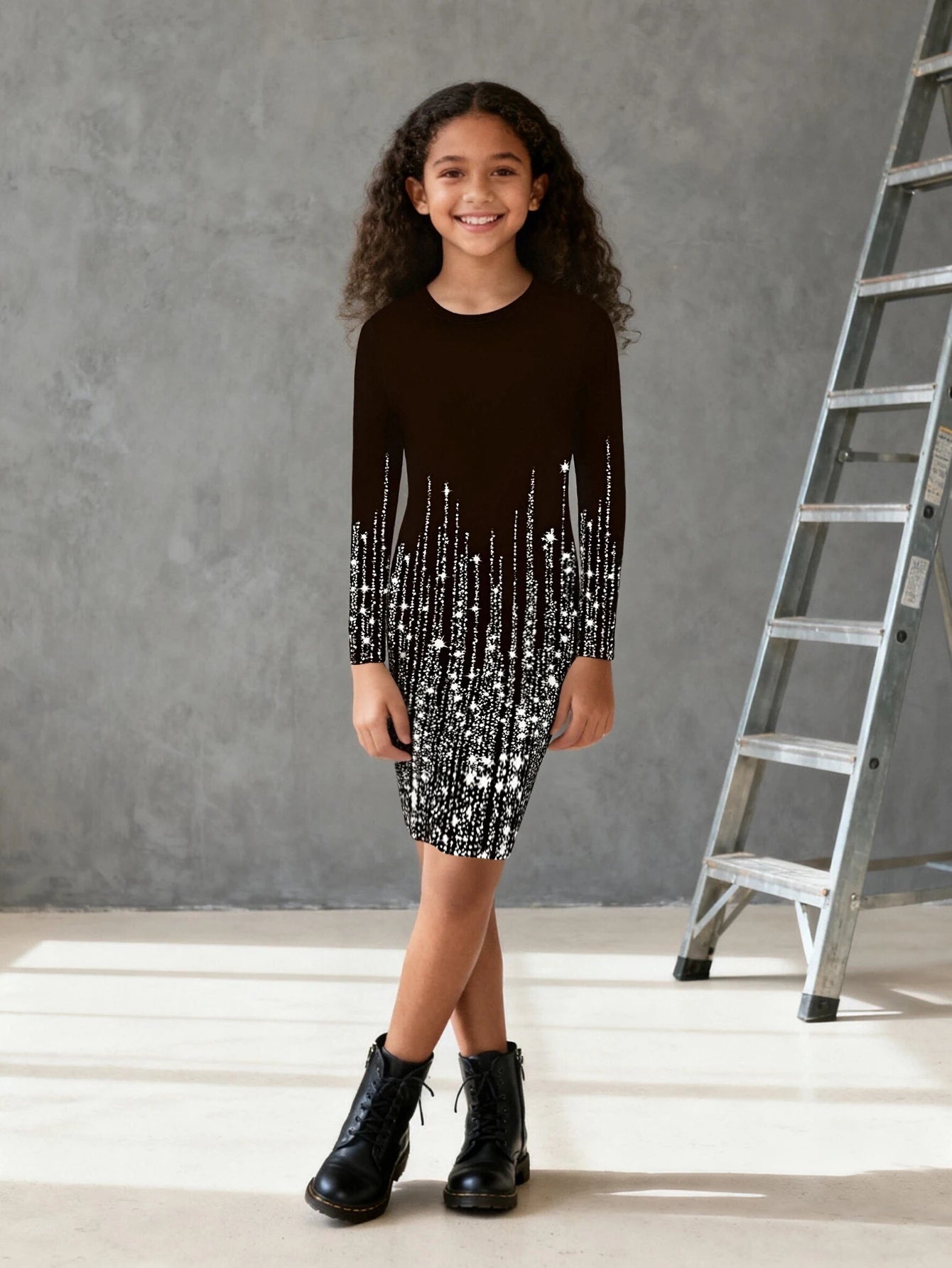 2025Girls Long Sleeve Dress - Glitter Starry Gradient Print Bodycon Dress for Kids, Trendy Party Cocktail Fashion Dress
