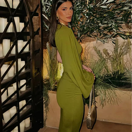 Green Draped Long Dress Women Asymmetric Cut out Midi Dress Woman Sexy Evening Dresses for Women One Sleeve Night Dresses