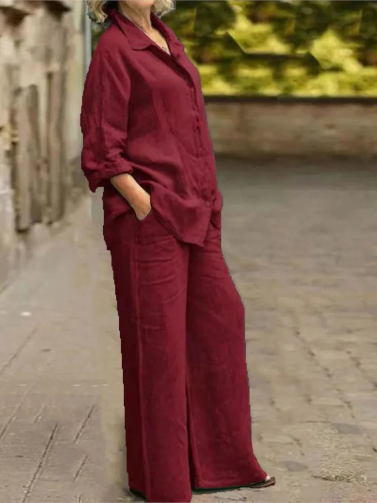 Fashion Cotton Linen Shirt Long Sleeved Women's Set Spring Autumn Loose Cotton  Linen Wide Leg Trousers Female Office 2piece Set