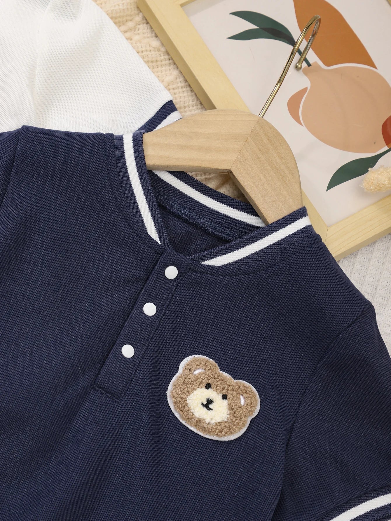 Summer Boys' New Cute Bear Polo Shirts, 2-Piece Set, White And Blue Contrasting Striped Collar Casual Baseball Jacket