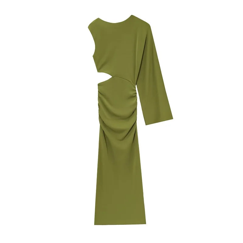 Green Draped Long Dress Women Asymmetric Cut out Midi Dress Woman Sexy Evening Dresses for Women One Sleeve Night Dresses