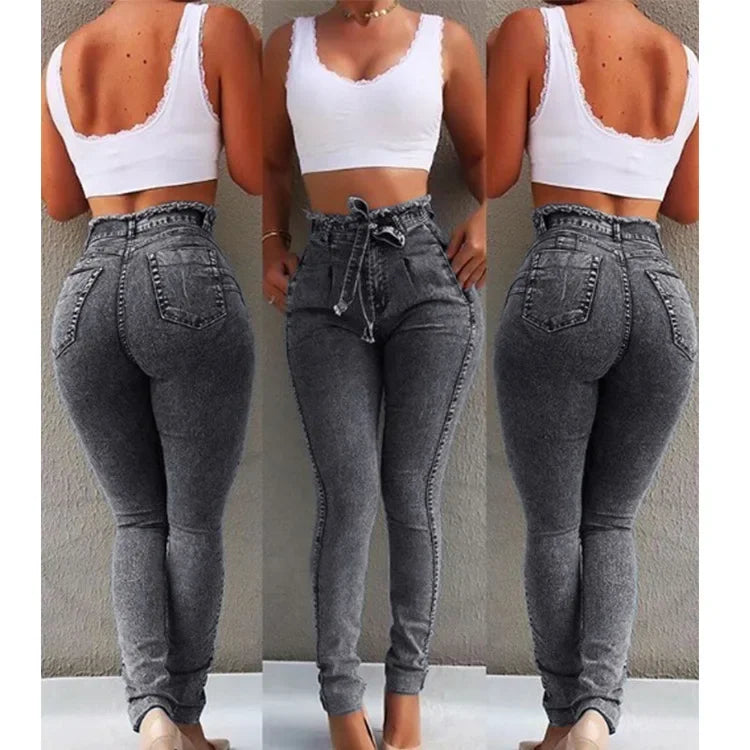 Jeans Slim Stretch Tassel Belt High Waist