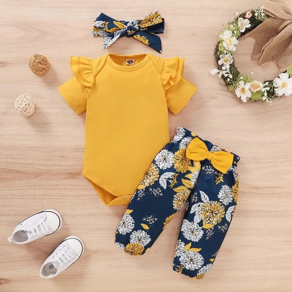 Baby Girls Clothing Set Short Sleeve Bodysuit +Floral Pants with Bow + Headband 3PCS Outfits Toddler Baby Girl Clothing