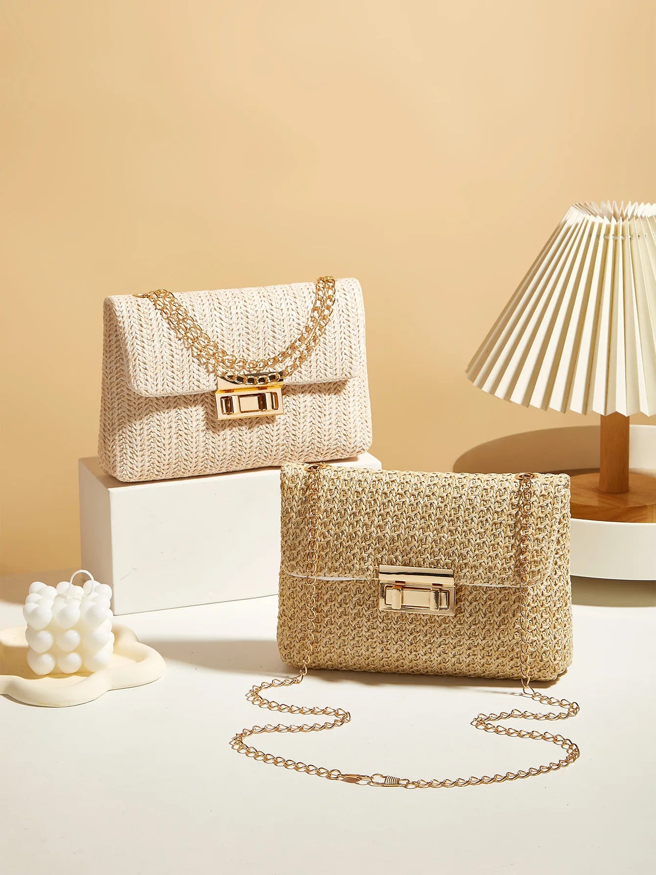 Fashion crossbody bag Korean version trendy grass woven women's bag lock closure simple small square bag