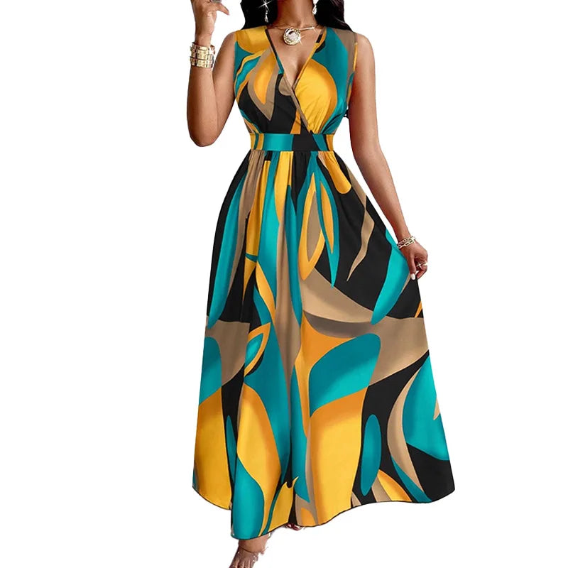 Summer V-neck Elegant Vacation Style Long Printed Dress For Women