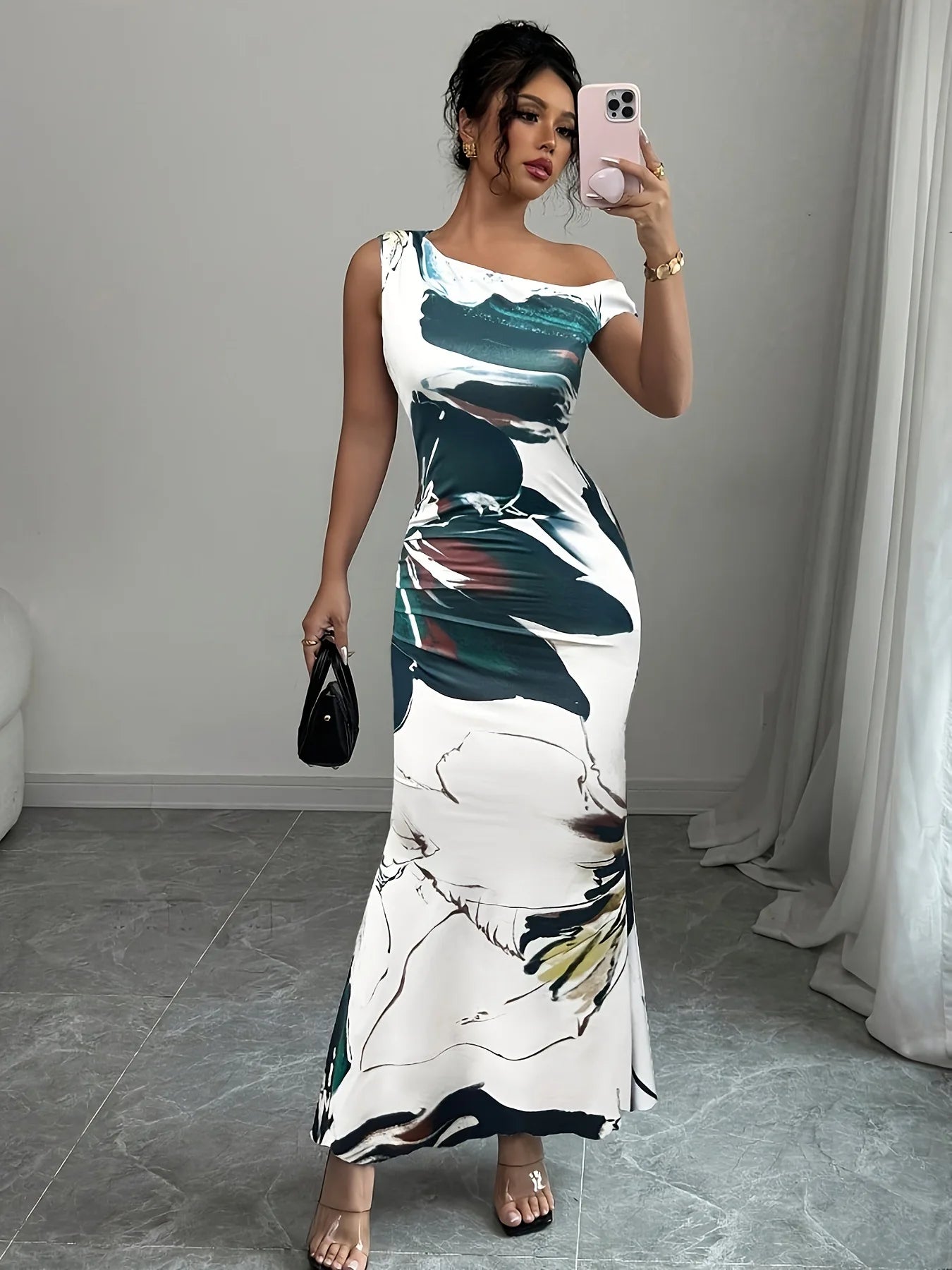 Sexy Bodycon Maxi Dresses For Women 2025 Autumn Winter Fashion Flower Print Slim Sleeveless Off The Shoulder Long Dress Elegant