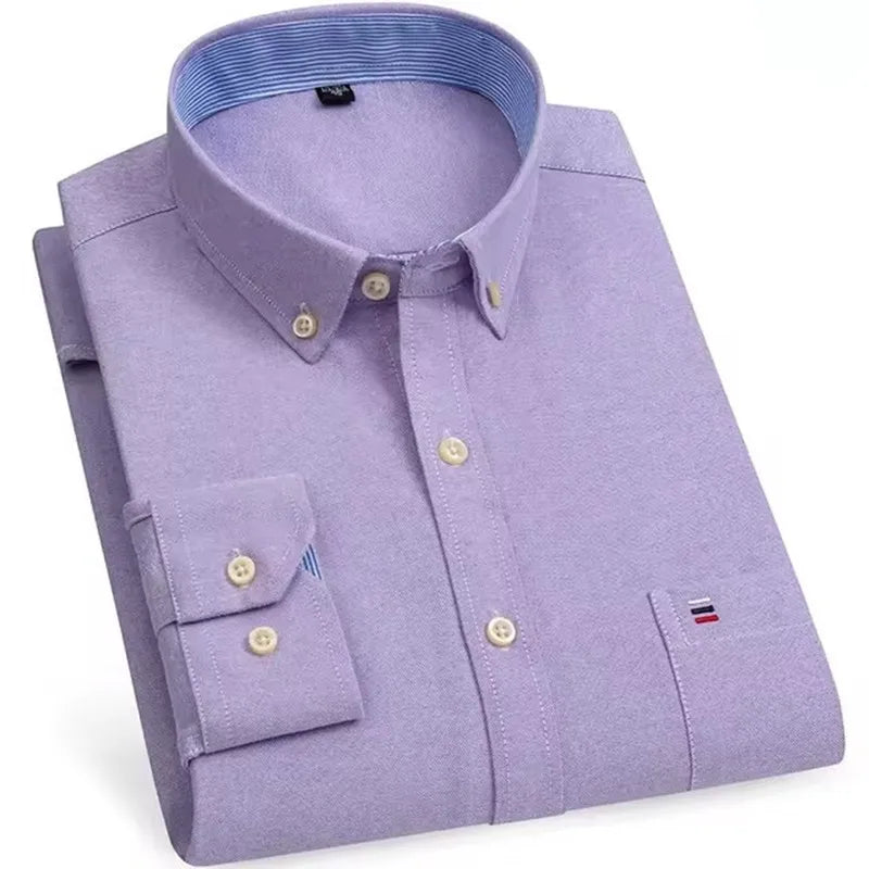 Men's Versatile Casual Checkered Oxford Cotton Shirts Single Pocket Long Sleeve Standard-fit Button Down Gingham Striped 7XL 6XL
