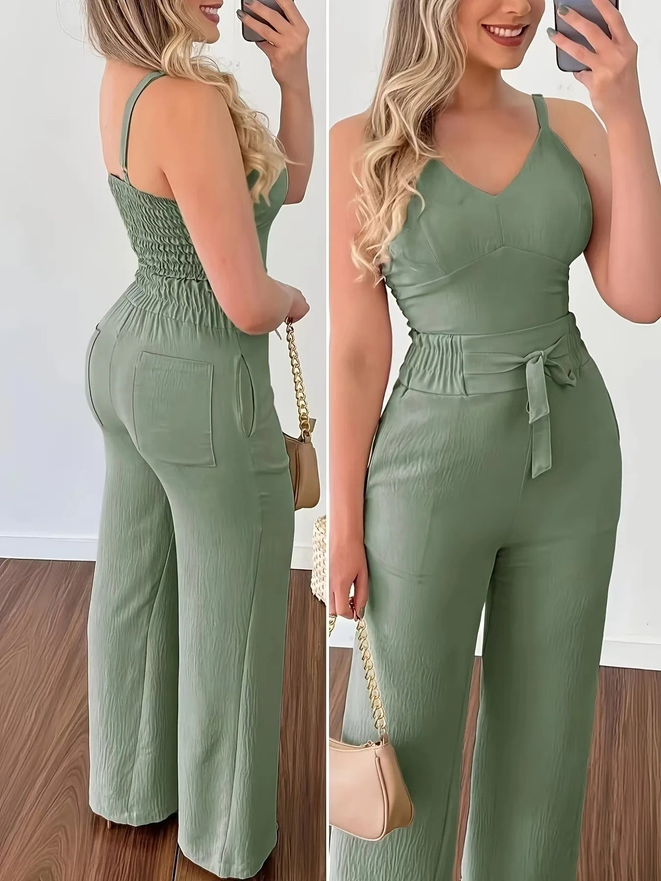 camisole top+elastic waist wide leg pants set, chest cushion design solid color casual and elega