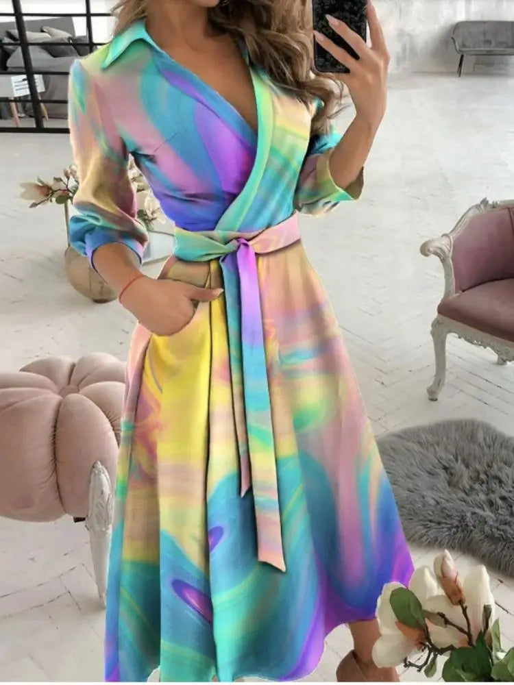 Rainbow Striped Print Summer Dress 2023 Women Button Up Short Sleeve Casual Vintage Shirt Long Dress Ladies Elegant Maxi Dresses