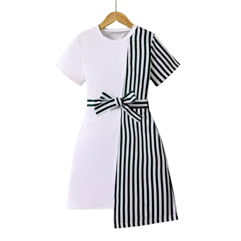 Girls black and white striped dress: stylish belt design, elegant bow decoration