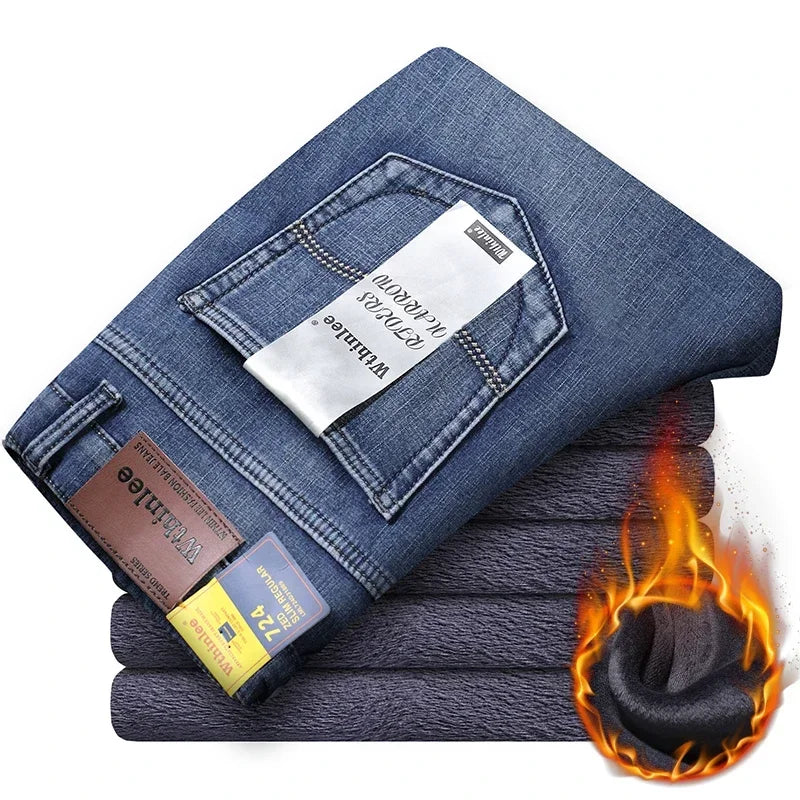Wthinlee Brand Brushed Jeans  Winter Jeans Men Slim Fit Stretch Thick Velvet Pants Warm Jeans Casual Fleece Trousers Male