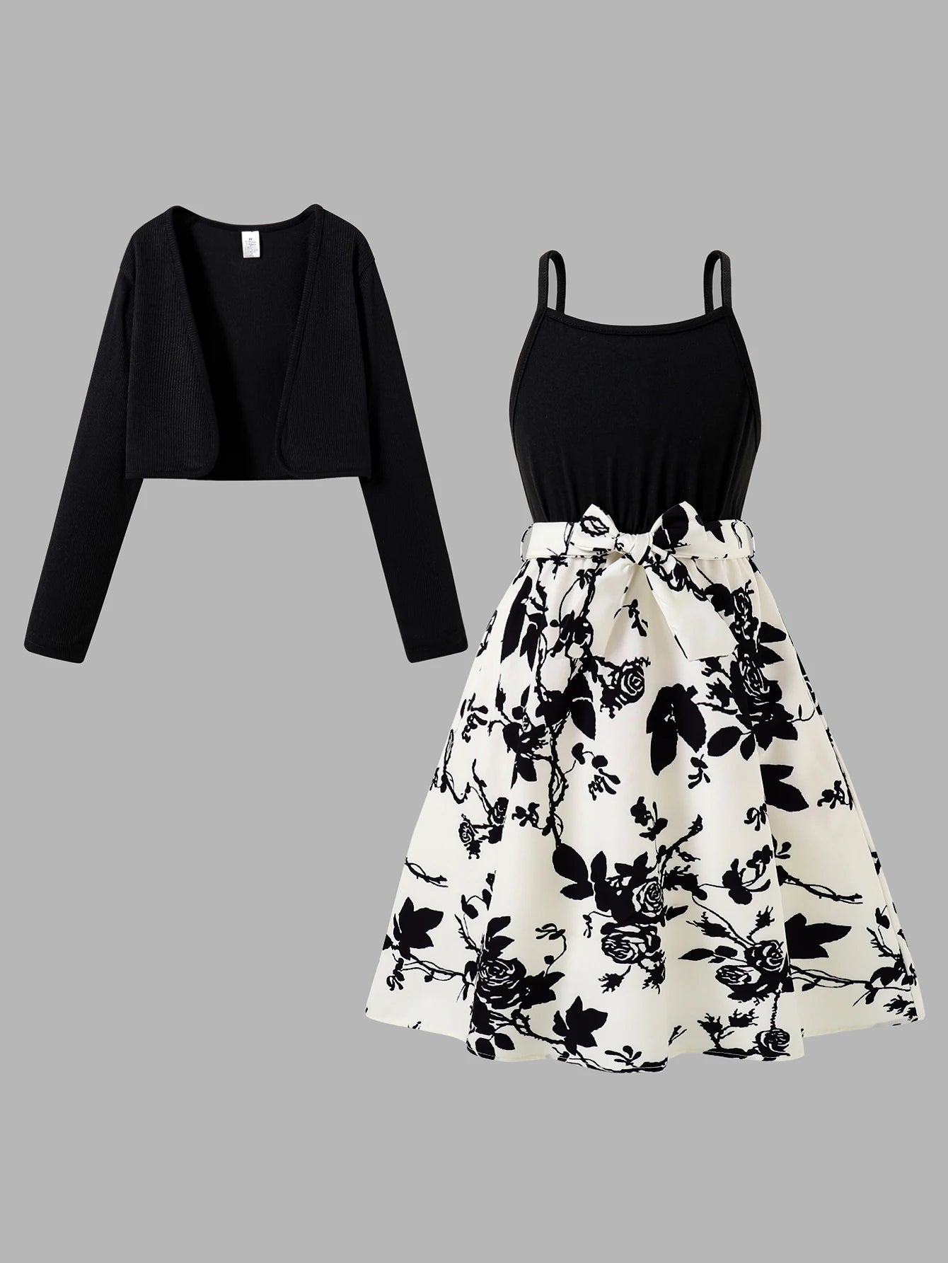 Spring Autumn Girls Elegant Casual Dress Set Black Shawl Short Coat + Ink Painting Rose Print High Waist Pleated Dress