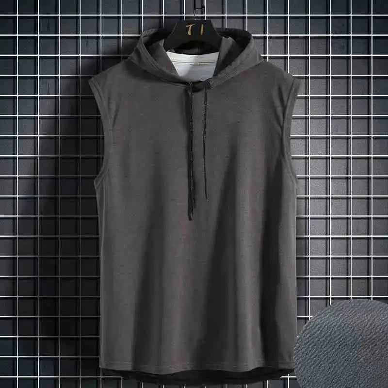 Men's lace up hooded sleeveless vest, men's summer loose solid color hip-hop T-shirt top, sports vest