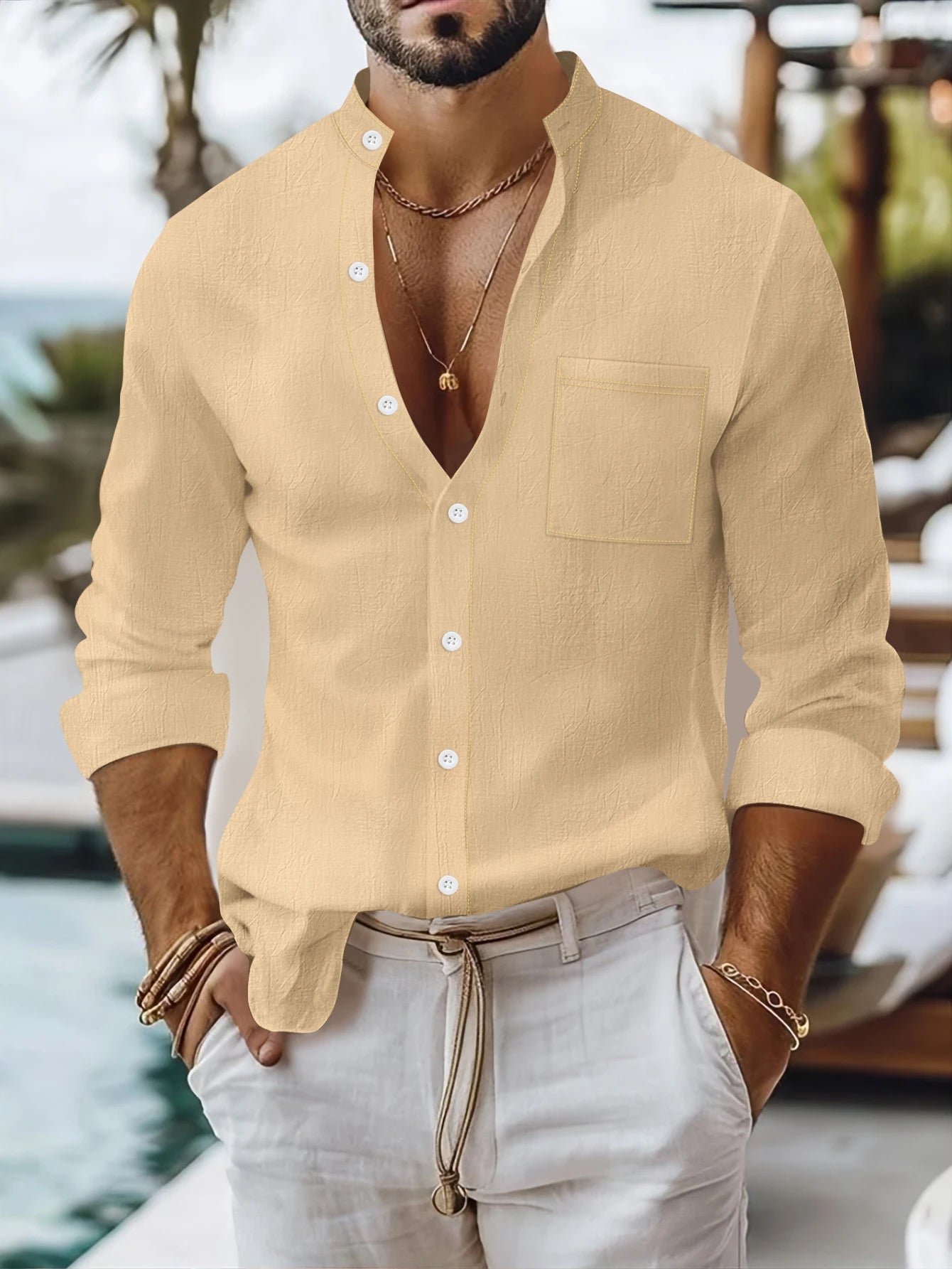 2025 Spring and Autumn New Men's Long Sleeve Shirt Cotton and Hemp Stand Collar Casual Cardigan