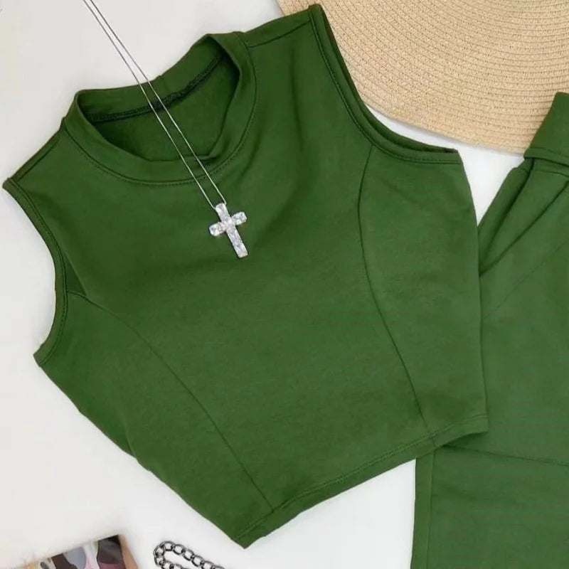 2Pcs/Set Women's Crew Neck Sleeveless Vest + Split Skirt