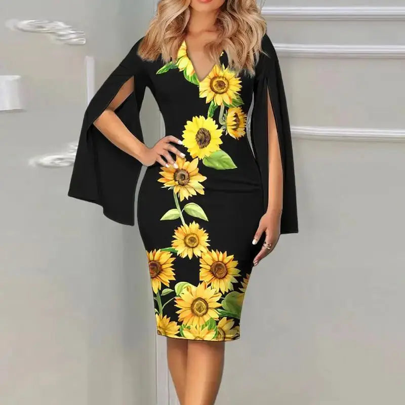 Plus Size Women Dress Bat-wing Sleeve Deep V Neck Sunflower Print Slim-fitting Elegant Printed Pencil Dress