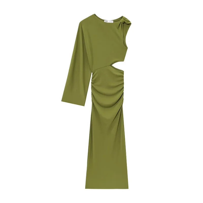 Green Draped Long Dress Women Asymmetric Cut out Midi Dress Woman Sexy Evening Dresses for Women One Sleeve Night Dresses