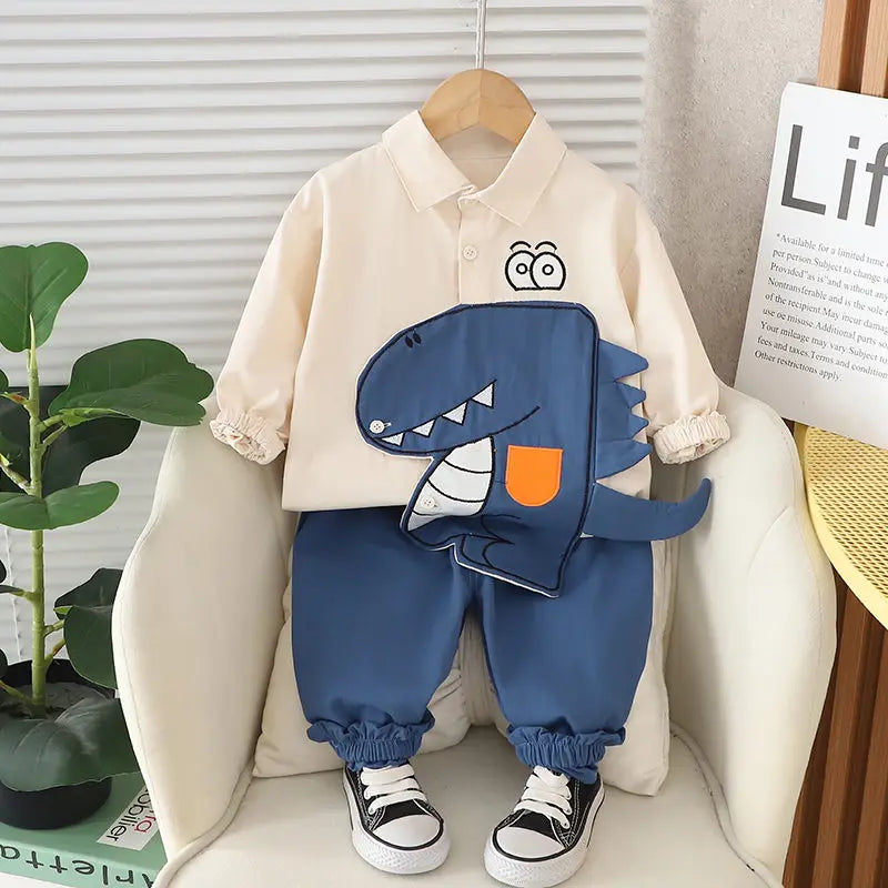 New Spring Kids Clothes Kids Cotton Sport Patchwork Dinosaur Baby Shirt Jeans 2Pcs/Set Children Boys Casual Suit 1 2 3 4 5 Years