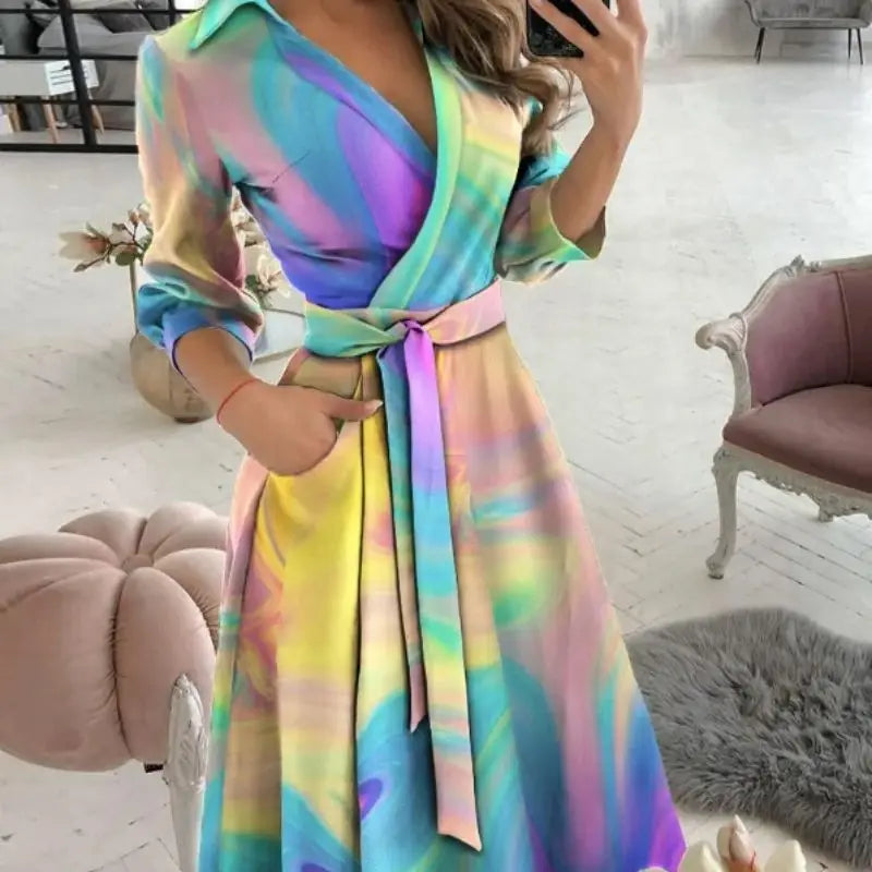 Rainbow Striped Print Summer Dress 2023 Women Button Up Short Sleeve Casual Vintage Shirt Long Dress Ladies Elegant Maxi Dresses