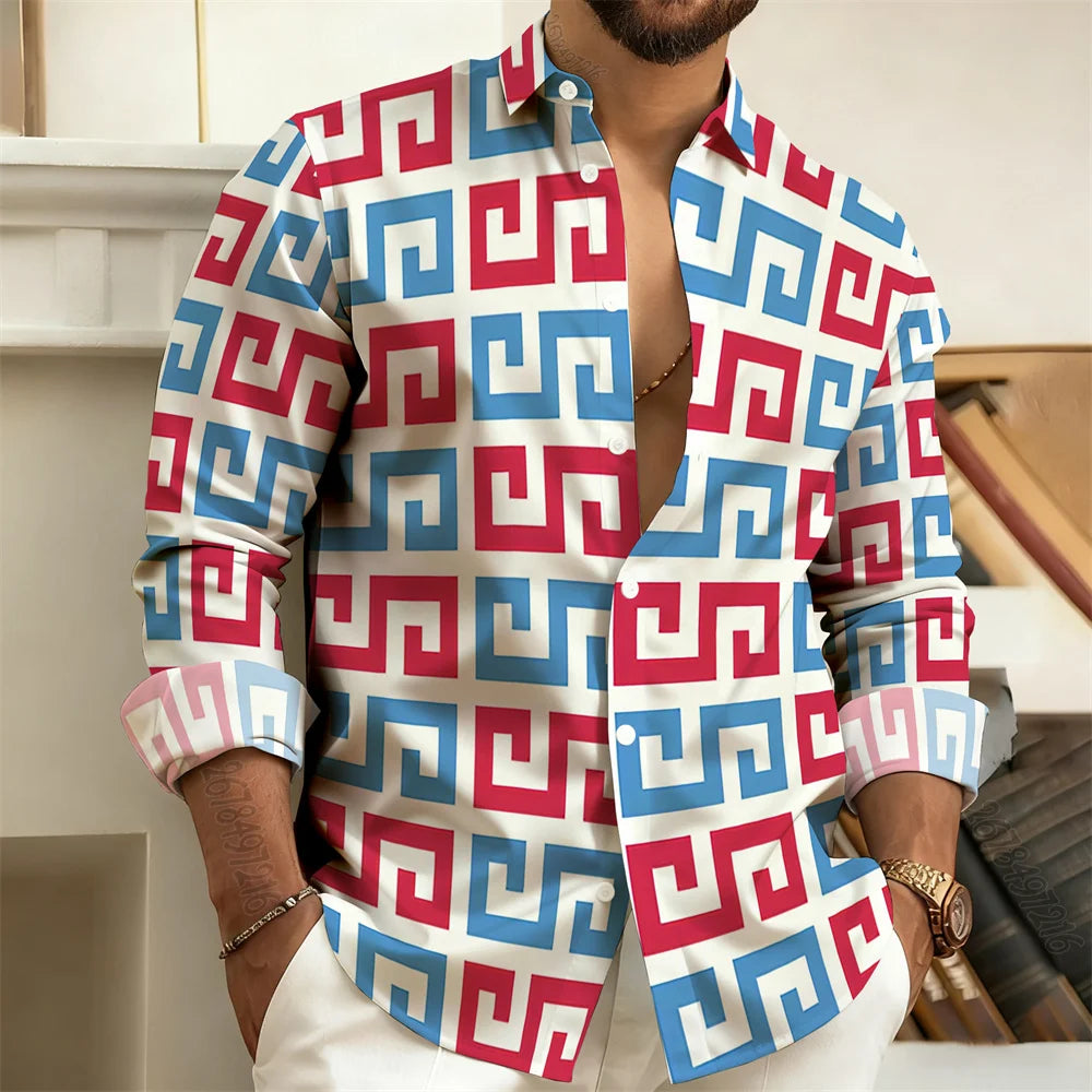2026 New Men's Long-Sleeved Polo Shirt, Vintage Print Style with Greek Key Pattern, Elegant, Comfortable, and Stylish Men's Top