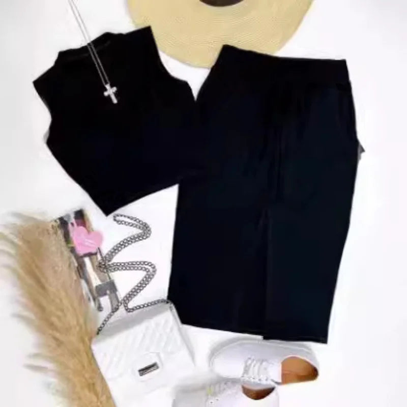 2Pcs/Set Women's Crew Neck Sleeveless Vest + Split Skirt