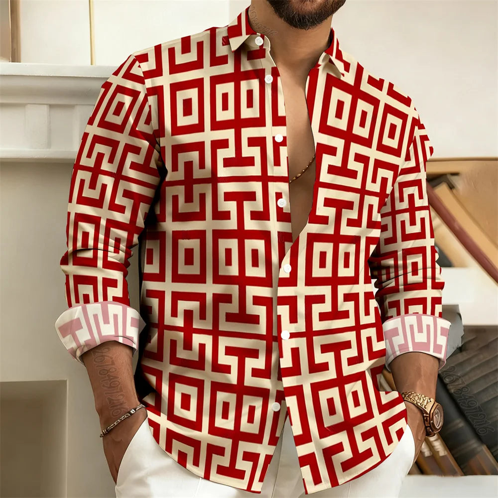 2026 New Men's Long-Sleeved Polo Shirt, Vintage Print Style with Greek Key Pattern, Elegant, Comfortable, and Stylish Men's Top