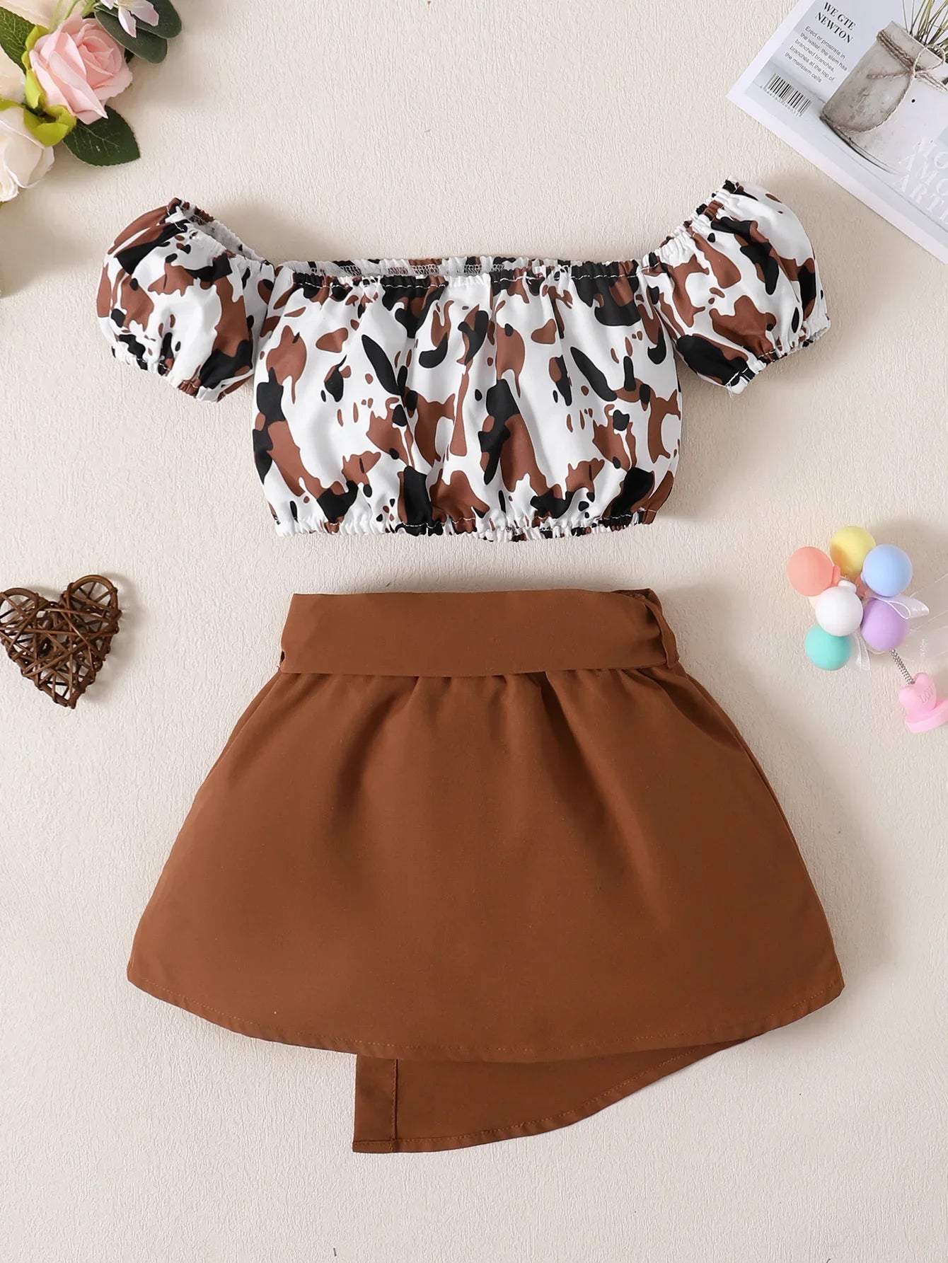 2PCS Toddlers Girl Summer Clothes Set Off Shoulder Leopard Print Top+Short Skirt with Bow Birthday Party Wear for Kids 1-4 Years