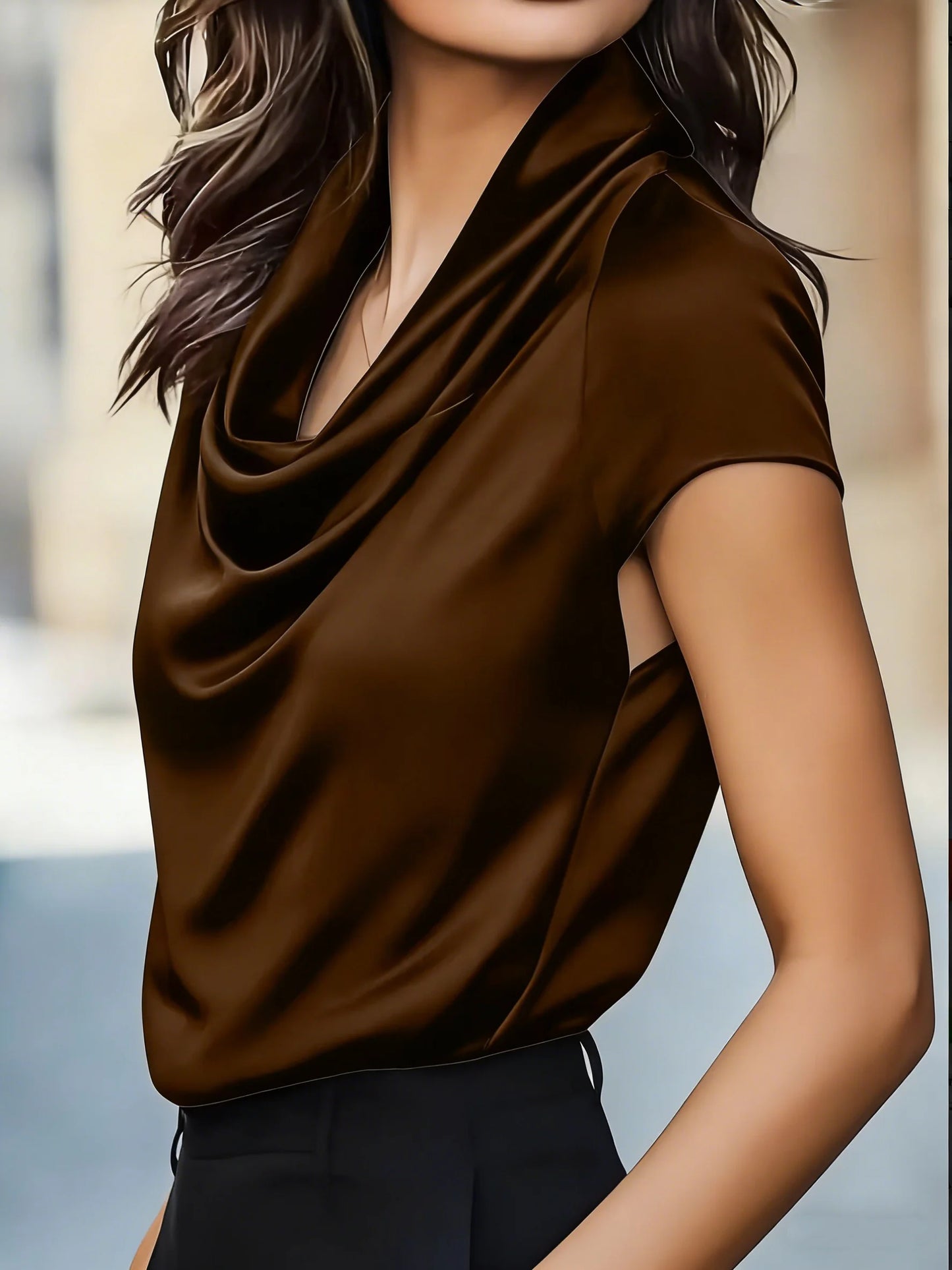 Elegant Satin Cowl Neck Short Sleeve Blouse for Women - Smooth Silk-Like Fabric Perfect for Office and Evening Wear