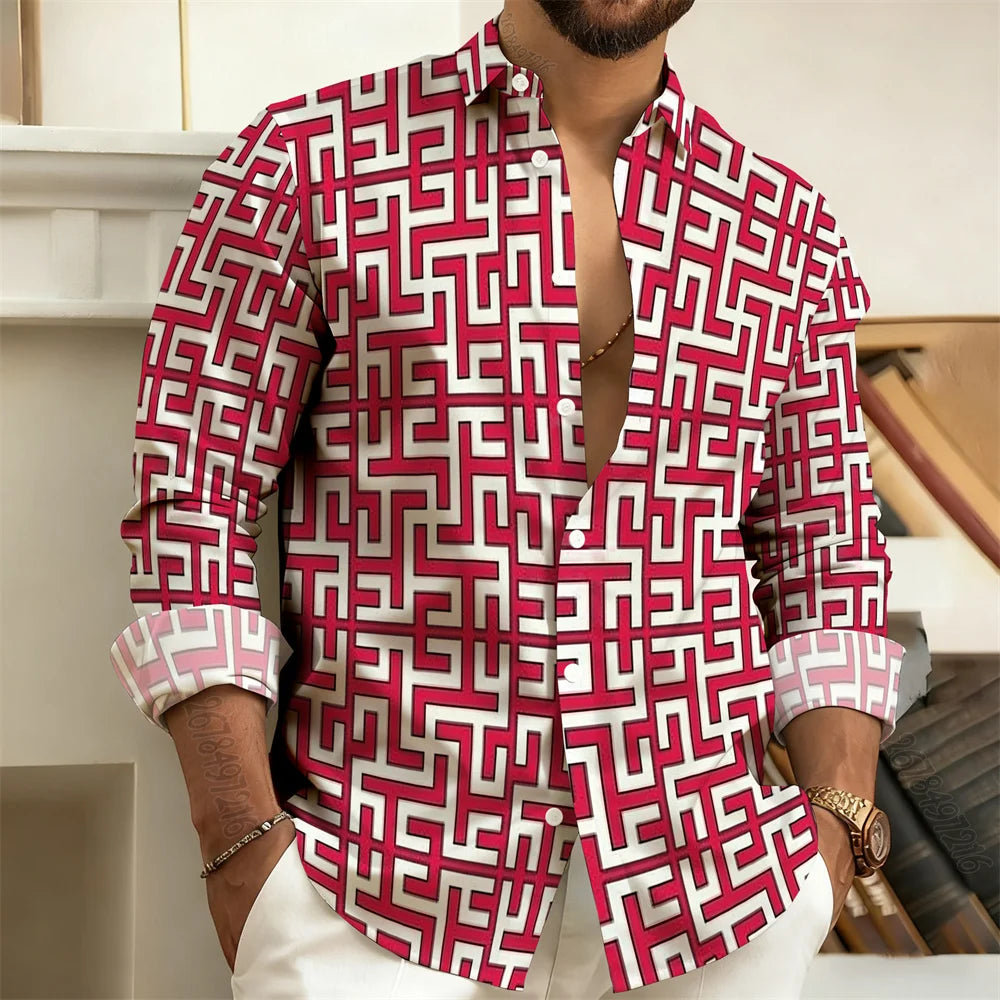 2026 New Men's Long-Sleeved Polo Shirt, Vintage Print Style with Greek Key Pattern, Elegant, Comfortable, and Stylish Men's Top
