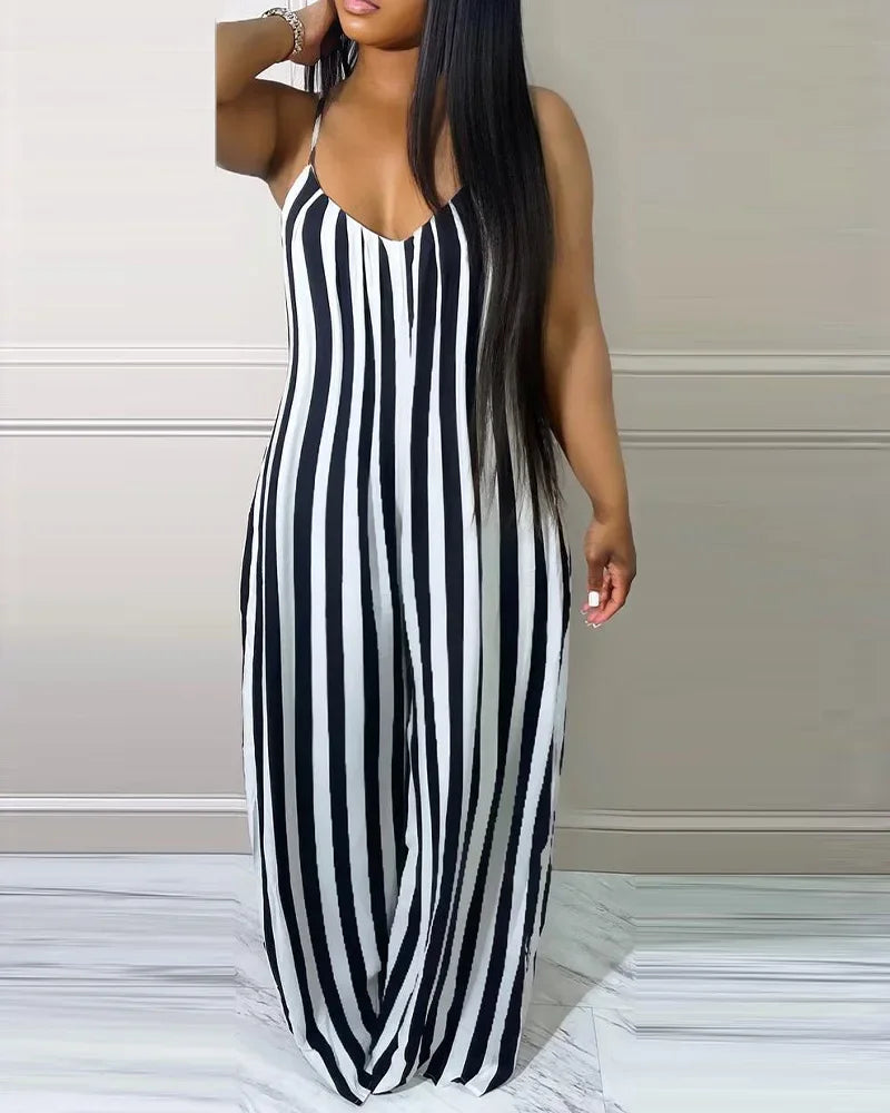 Striped Print Spaghetti Strap Wide Leg Jumpsuit Women