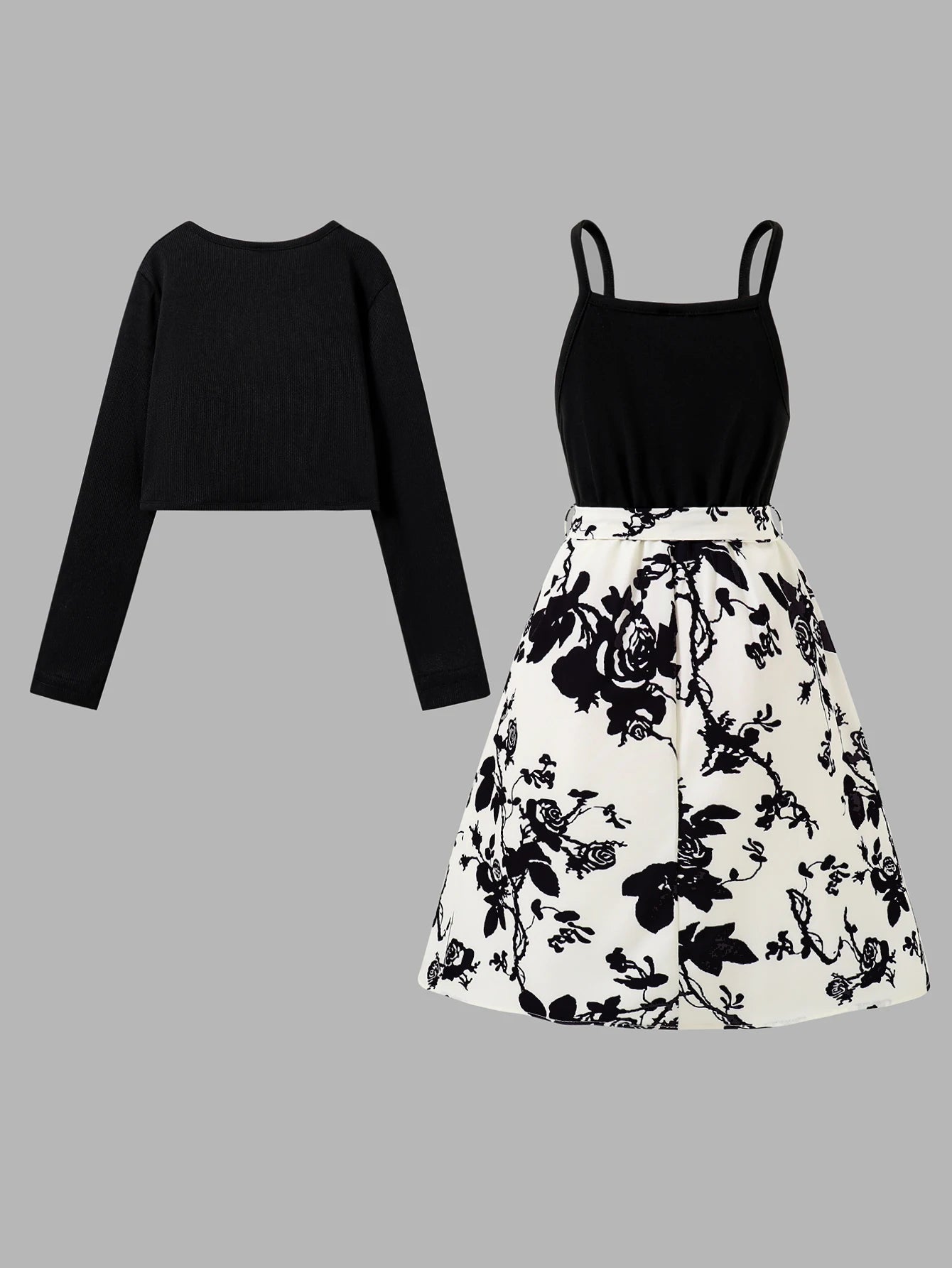 Spring Autumn Girls Elegant Casual Dress Set Black Shawl Short Coat + Ink Painting Rose Print High Waist Pleated Dress