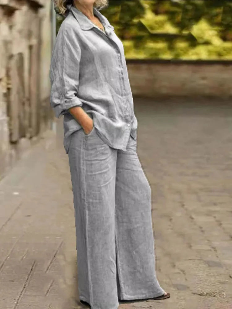 Fashion Cotton Linen Shirt Long Sleeved Women's Set Spring Autumn Loose Cotton  Linen Wide Leg Trousers Female Office 2piece Set