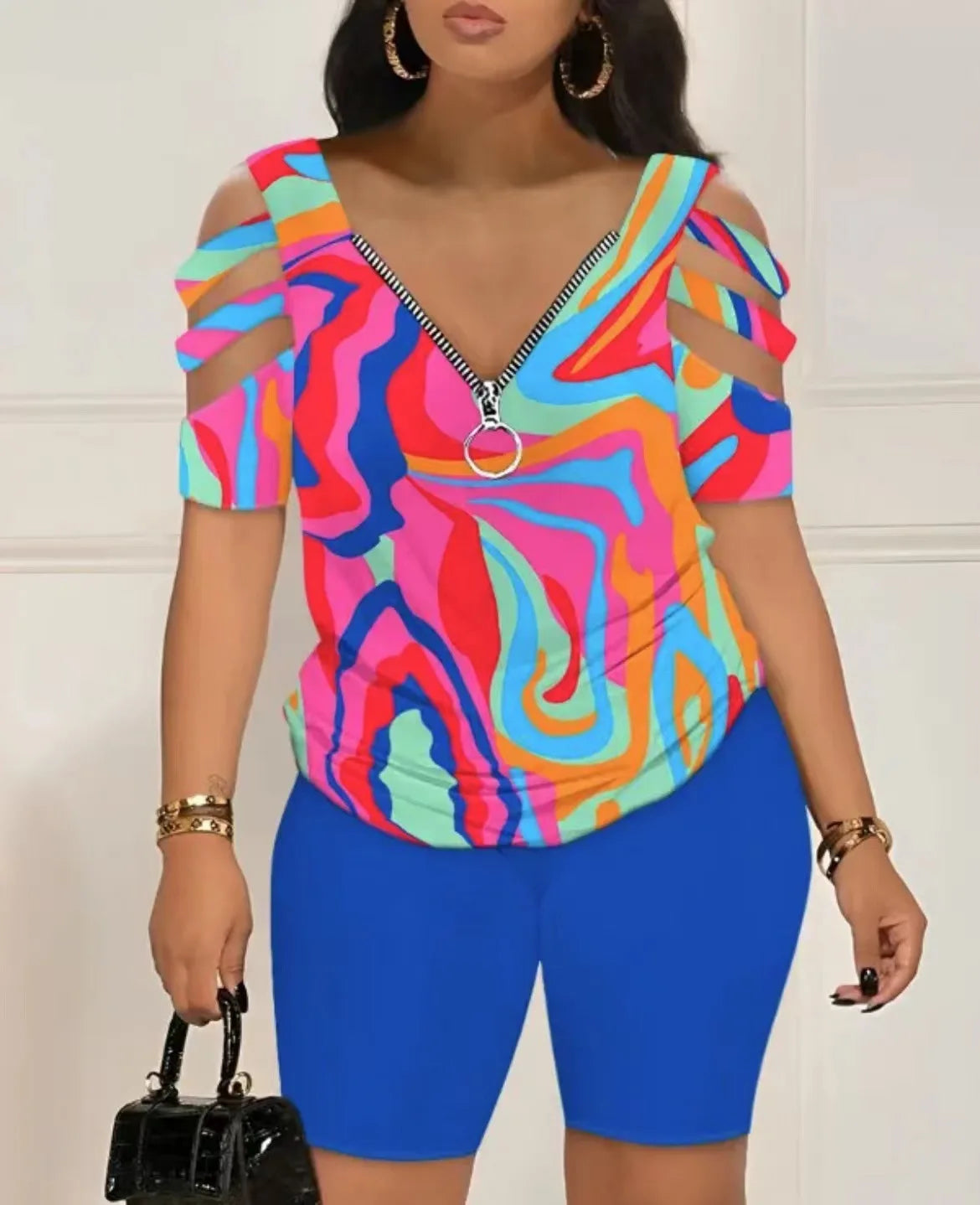Summer Casual Loose Print T Shirts Two Piece Set For Women