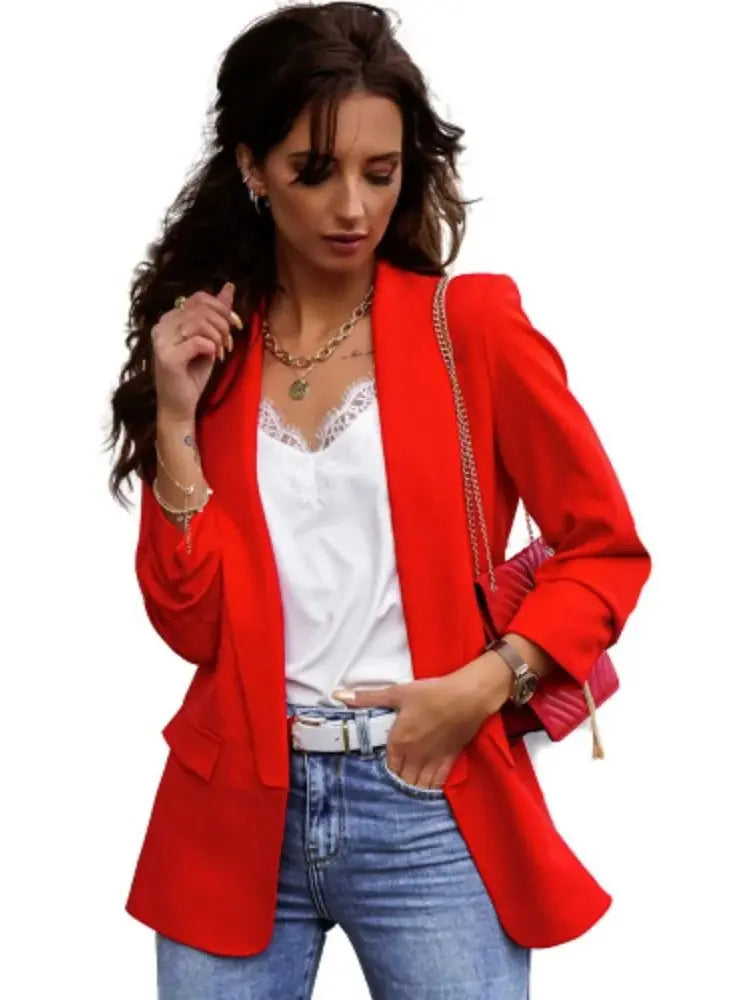 Women's s-3XL Plus Size Commuting Top Jacket Elegant Long Sleeved Suit Collar Solid Color Top OL Temperament Slim Fit Top Jacket