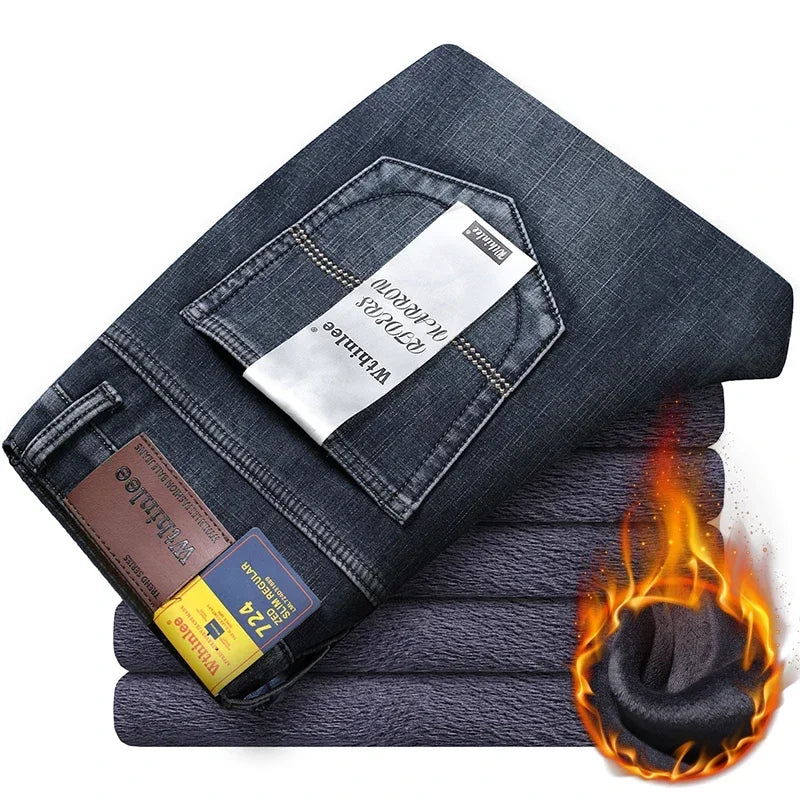 Wthinlee Brand Brushed Jeans  Winter Jeans Men Slim Fit Stretch Thick Velvet Pants Warm Jeans Casual Fleece Trousers Male