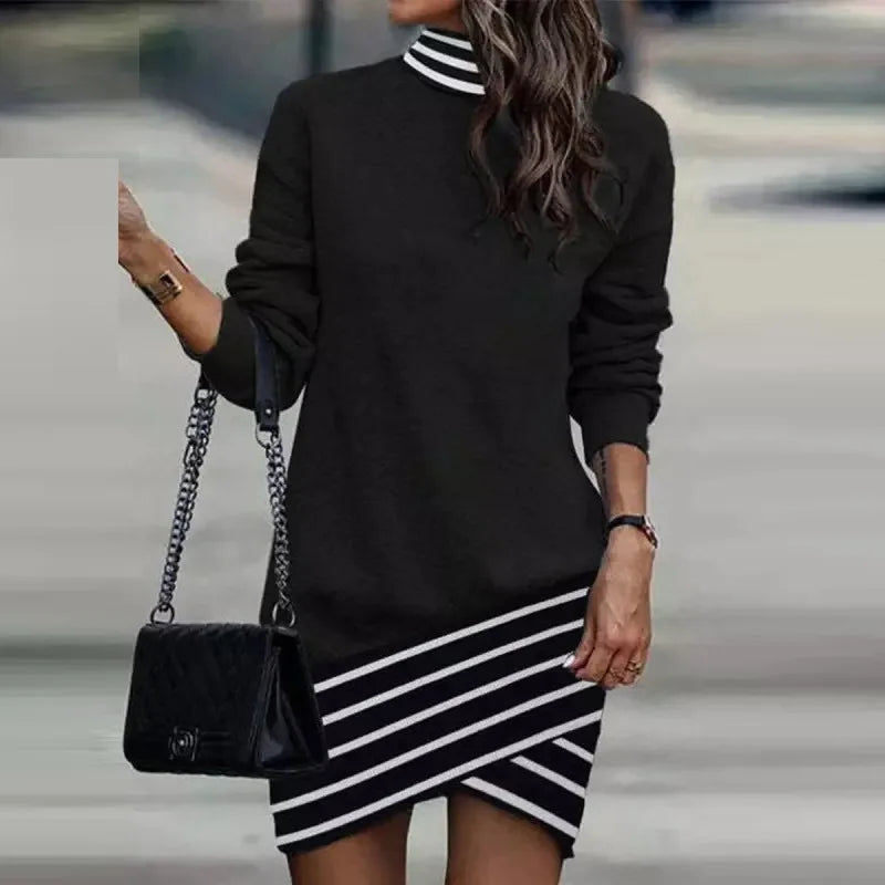 Vestido corto de manga larga con Cuello medio alto para mujer, minivestido de fiesta con estampado de retales, ropa de calle Sim