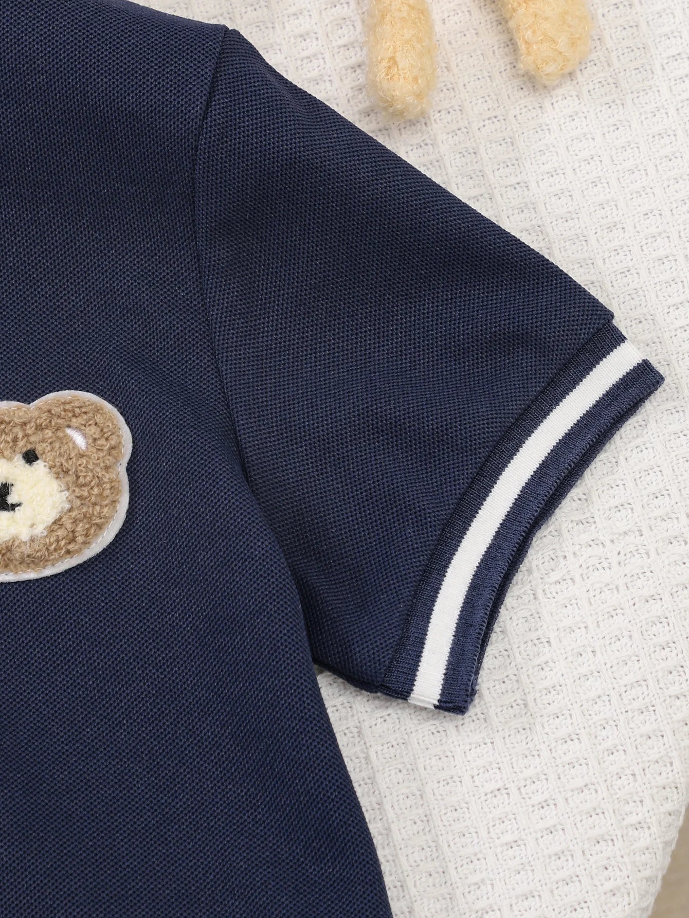 Summer Boys' New Cute Bear Polo Shirts, 2-Piece Set, White And Blue Contrasting Striped Collar Casual Baseball Jacket